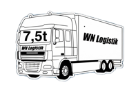Illustration eines Lastwagens mit der Aufschrift "7,5t" auf der Front und "WM Logistik" an der Seite, vor blauem Hintergrund.