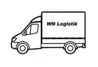 Grafik eines Lieferwagens mit der Aufschrift "WN Logistik" auf blauem Hintergrund.