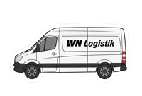 Illustration eines weißen Lieferwagens mit der Aufschrift "WN Logistik" auf blauem Hintergrund.