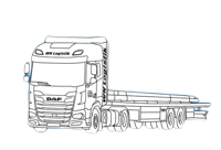 Illustration eines Lastwagens mit flacher Ladefläche auf blauem Hintergrund.