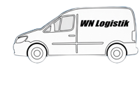 Illustration eines weißen Lieferwagens mit der Aufschrift "WN Logistik" auf blauem Hintergrund.