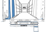 Illustration eines geöffneten LKW-Anhängers auf blauem Hintergrund.