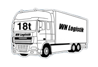Illustration eines Lastwagens mit der Aufschrift "18t" auf der Front und "WM Logistik" an der Seite, auf blauem Hintergrund.