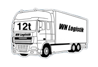 Illustration eines Lastwagens mit der Aufschrift "12t" auf der Vorderseite und "WM Logistik" an der Seite, vor blauem Hintergrund.